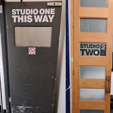An image of the studio 1 and 2 door graphics.